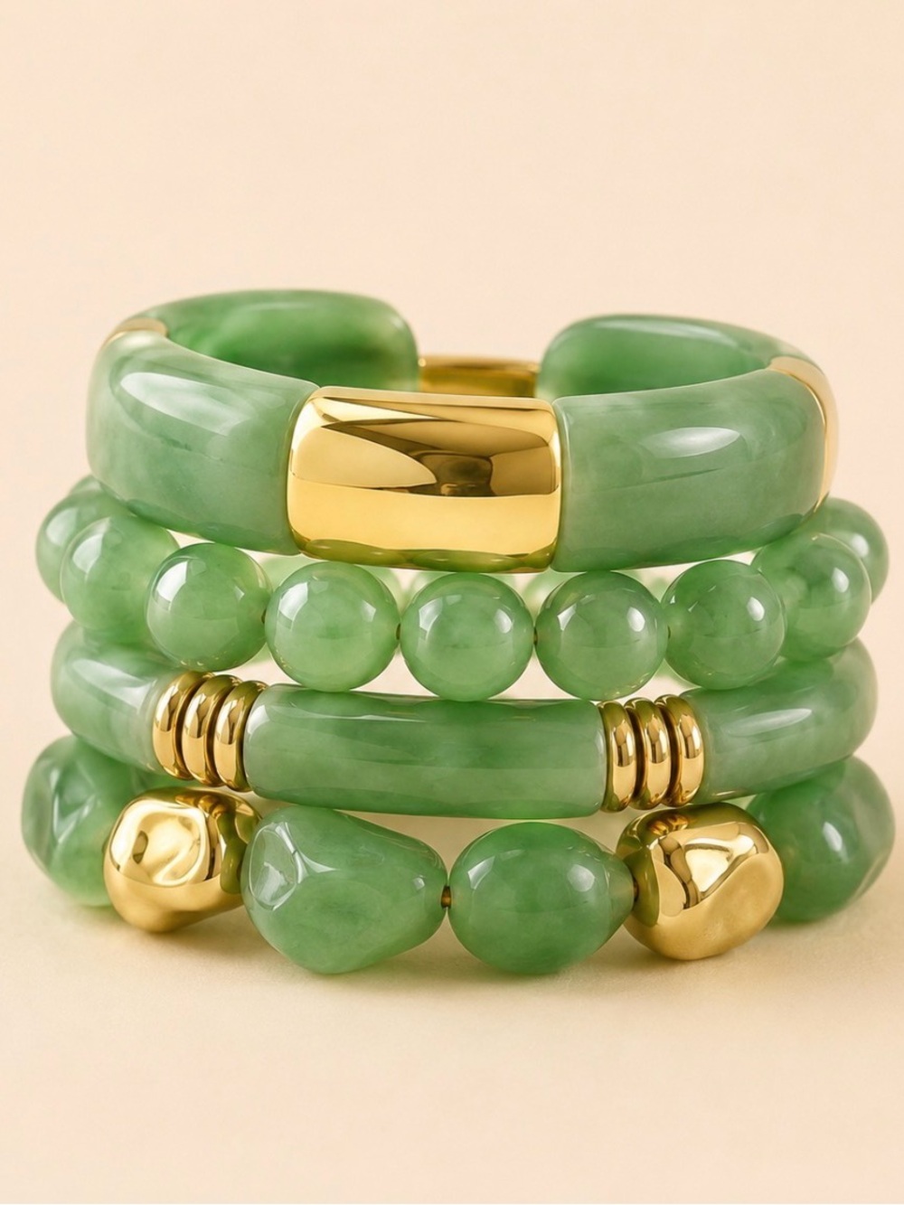 Green Beaded & Gold Accent Stackable Bracelet Set